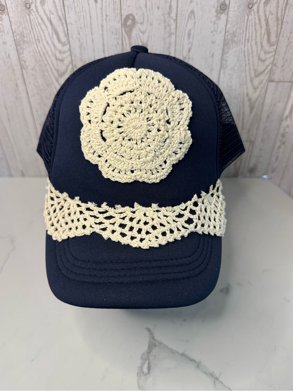 Navy Crochet Accent Trucker Hat